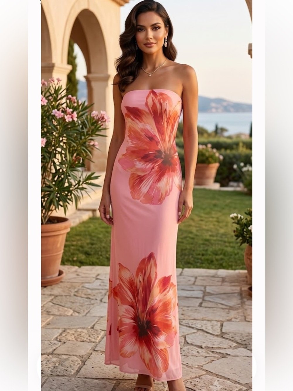 Strapless Pink Maxi Dress with Bold Floral Print